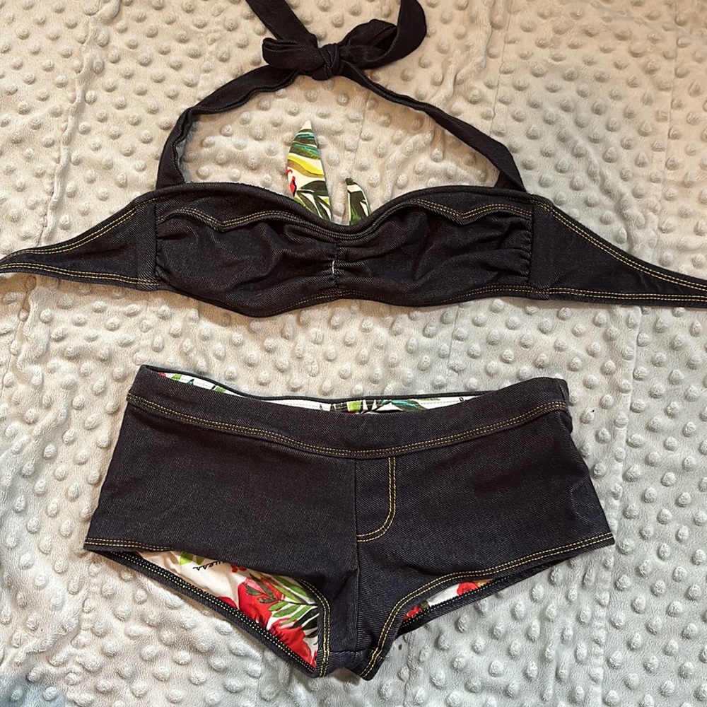 Guess Reverse-able Two Piece Jean & Floral Swimsuit Set